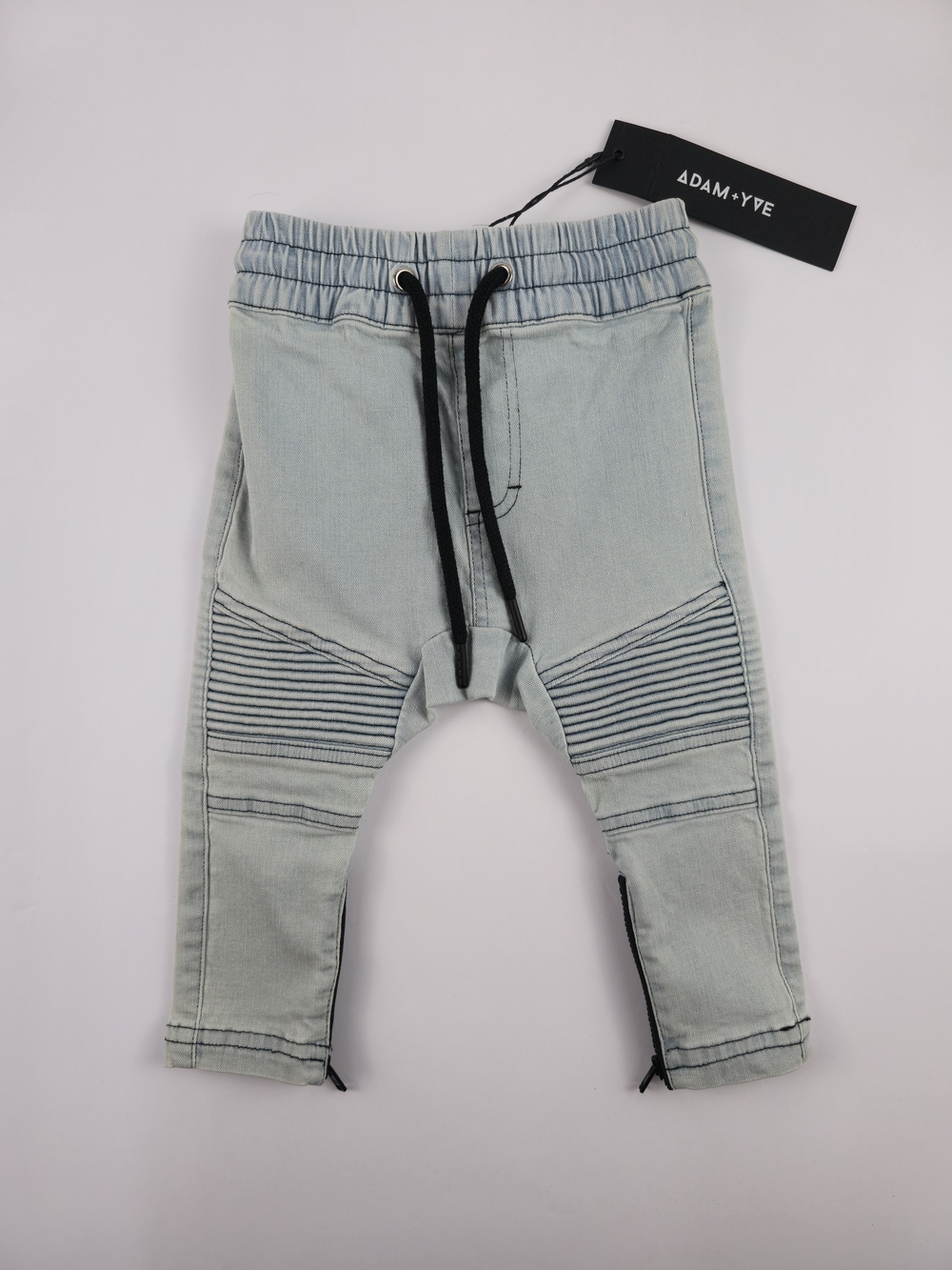 Adam + YVE, Kids Light Wash Biker Jean Pants with Drawstring, 6-12M - Picture 3 of 10